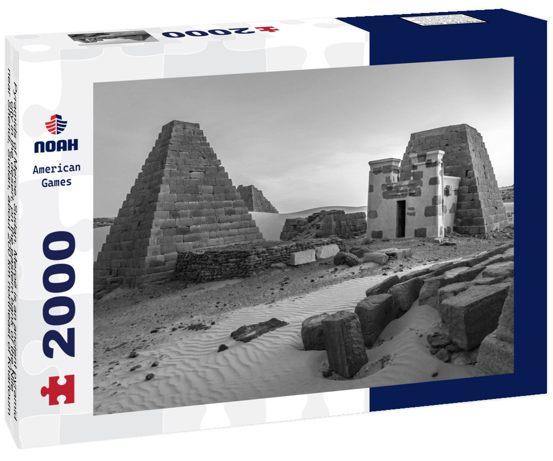 Pyramids of Meroe, Sudan. Meroë is an ancient pyramid city in the desert, on the eastern bank of the Nile near Shendi, Sudan, about 200 km northeast of Khartoum in the desert 2000pc PuzzleBlack and White