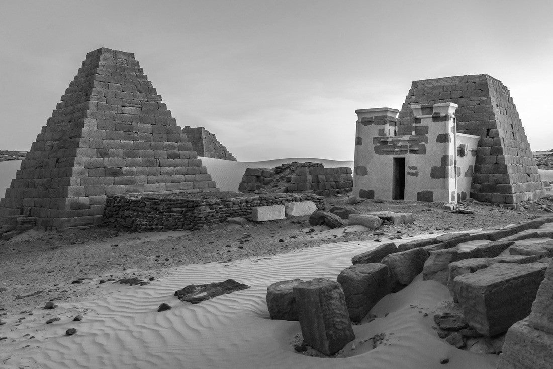 Pyramids of Meroe, Sudan. Meroë is an ancient pyramid city in the desert, on the eastern bank of the Nile near Shendi, Sudan, about 200 km northeast of Khartoum in the desert 2000pc PuzzleBlack and White
