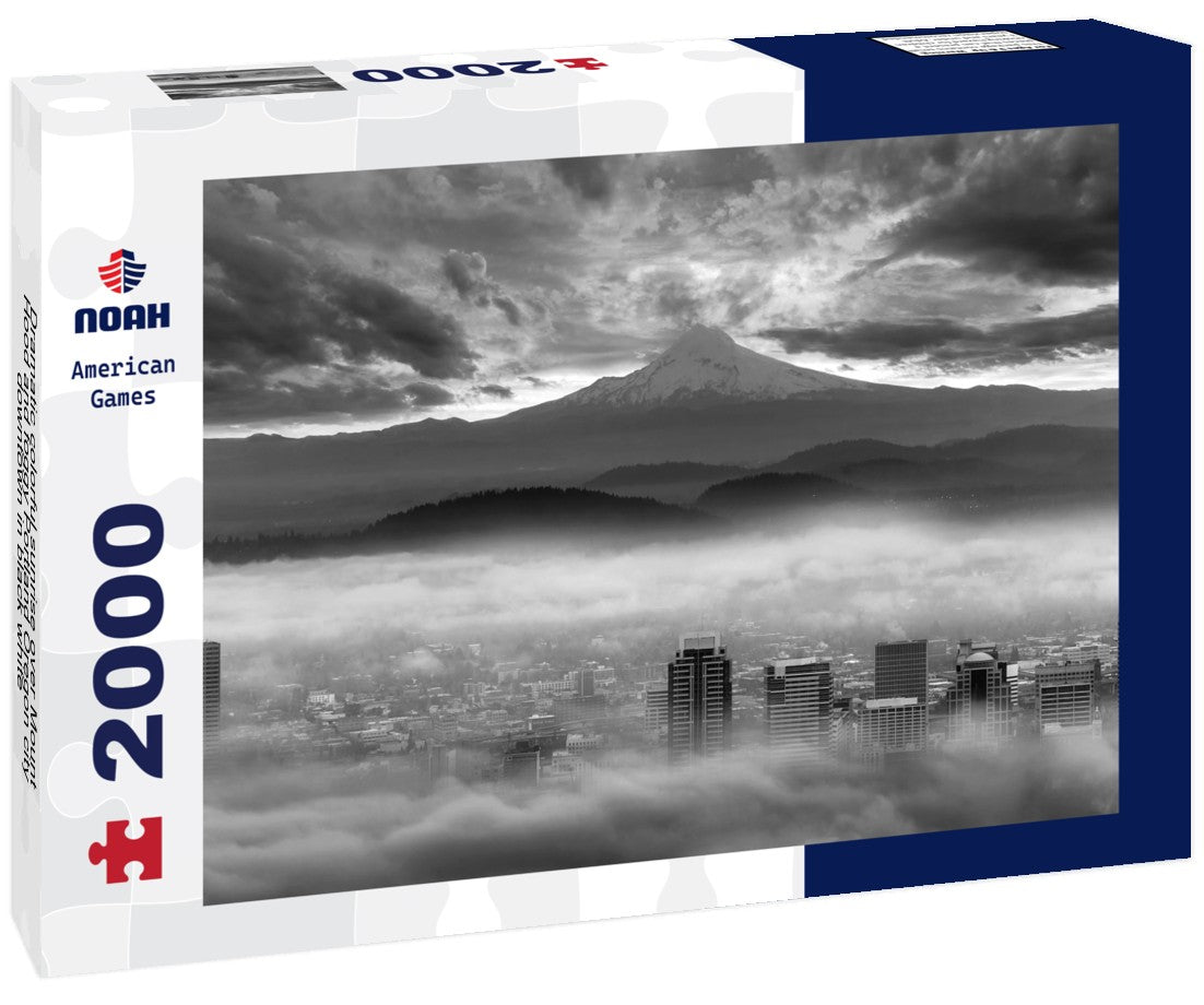 Dramatic colorful sunrise over Mount Hood and foggy Portland Oregon city downtown 2000pc PuzzleBlack and White