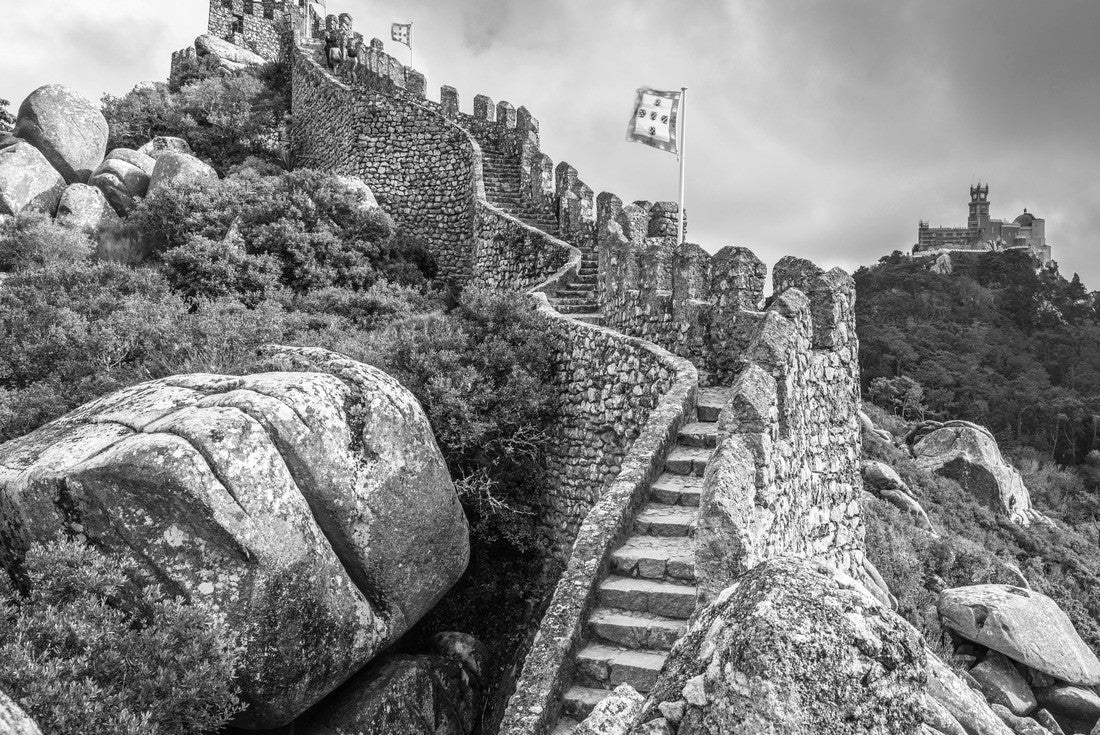 Sintra, Portugal at Castle of the Moors wall with Pena National Palace in the distance 2000pc PuzzleBlack and White