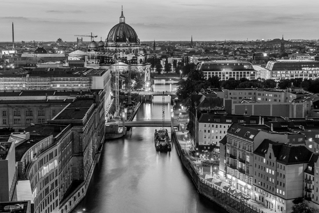 Noah Jigsaw Puzzle Panoramic view of the Berlin skyline with the famous TV tower and the Spree river in a beautiful sunset during the blue hour at dusk with dramatic colorful clouds, Mitte Berlin Mitte, Germany in black white 2000 pieces