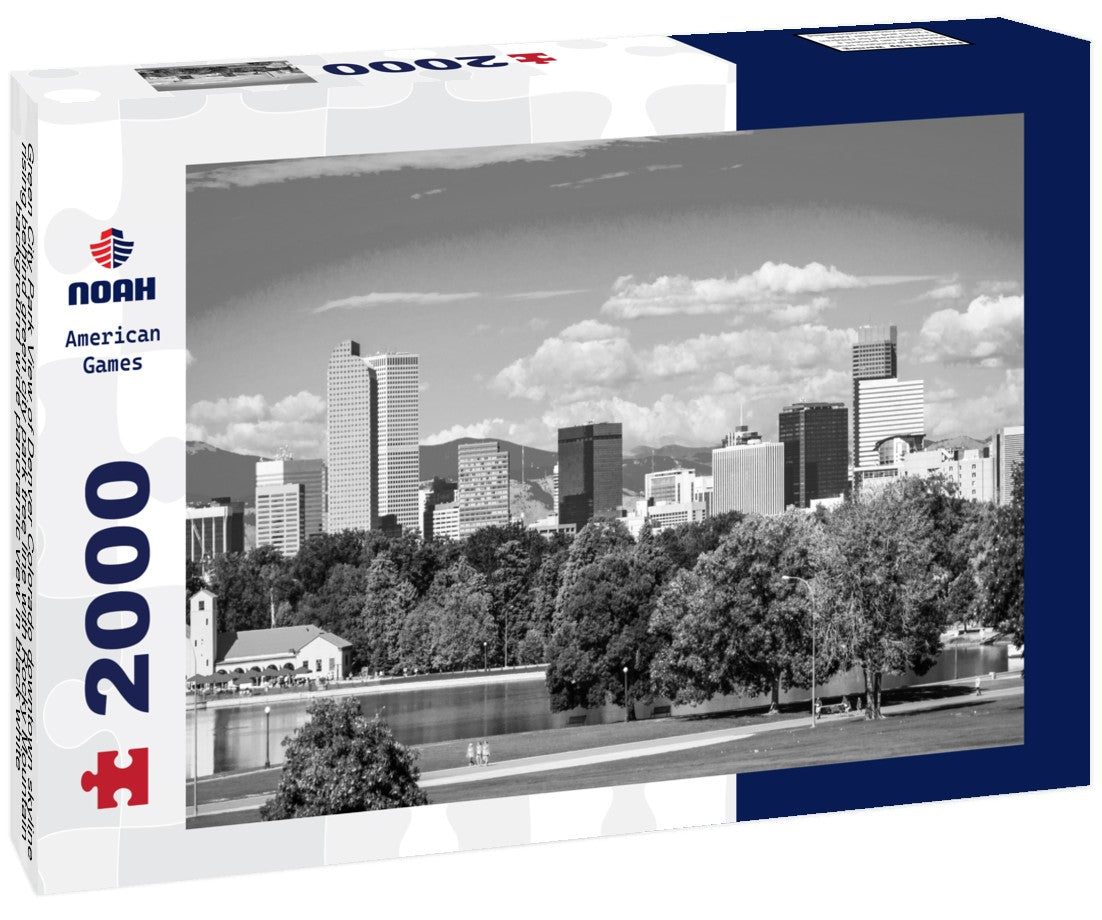 Green City Park View of Denver Colorado downtown skyline rising behind green city park tree line with Rocky Mountain background wide 2000pc PuzzleBlack and White