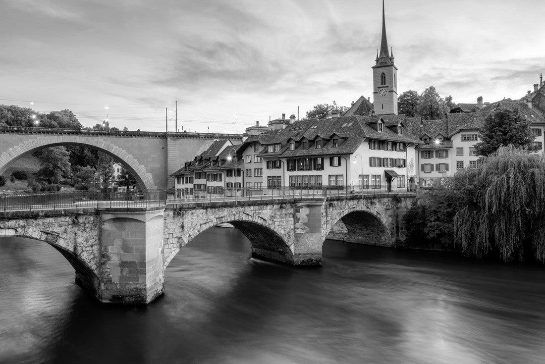 Historic Old Town of Bern, tiled roofs, bridges over the Aare River and church steeple on dramatic sunset, Switzerland 2000pc PuzzleBlack and White
