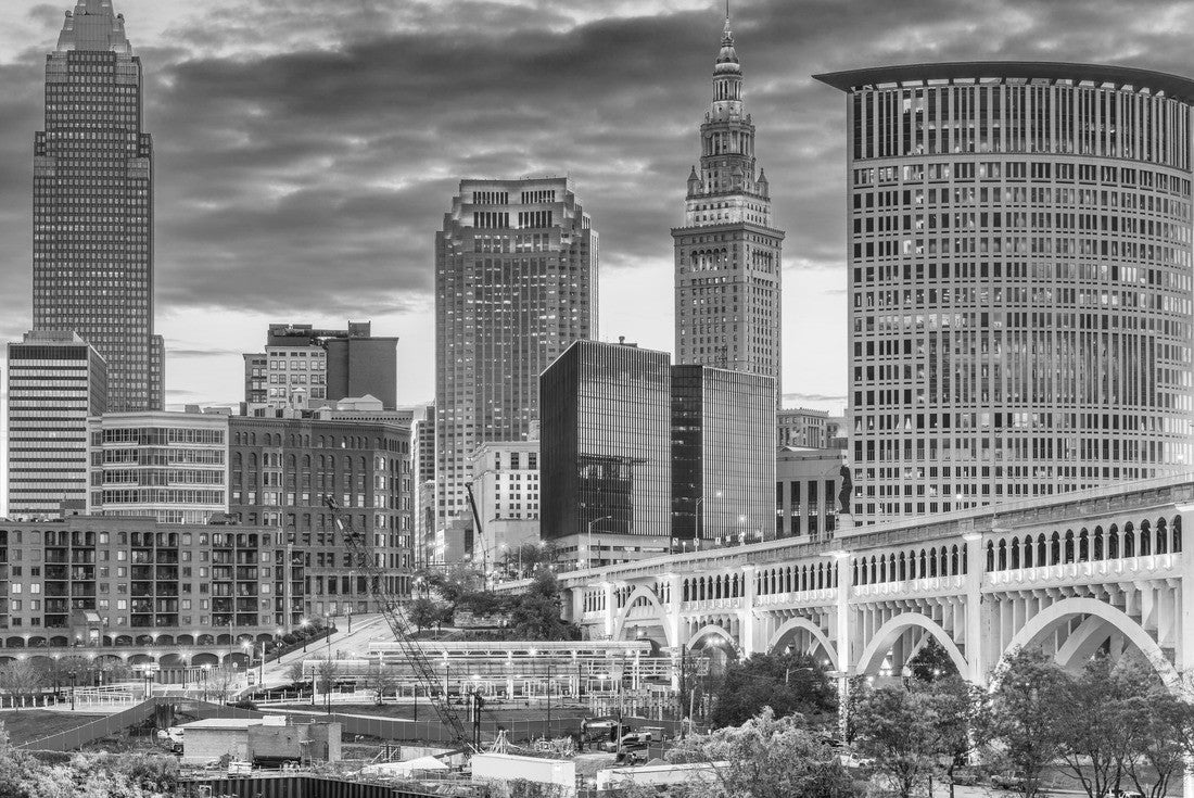 Noah Jigsaw Puzzle Cleveland, Ohio, USA downtown city skyline on the Cuyahoga River at twilight in black white 2000 pieces