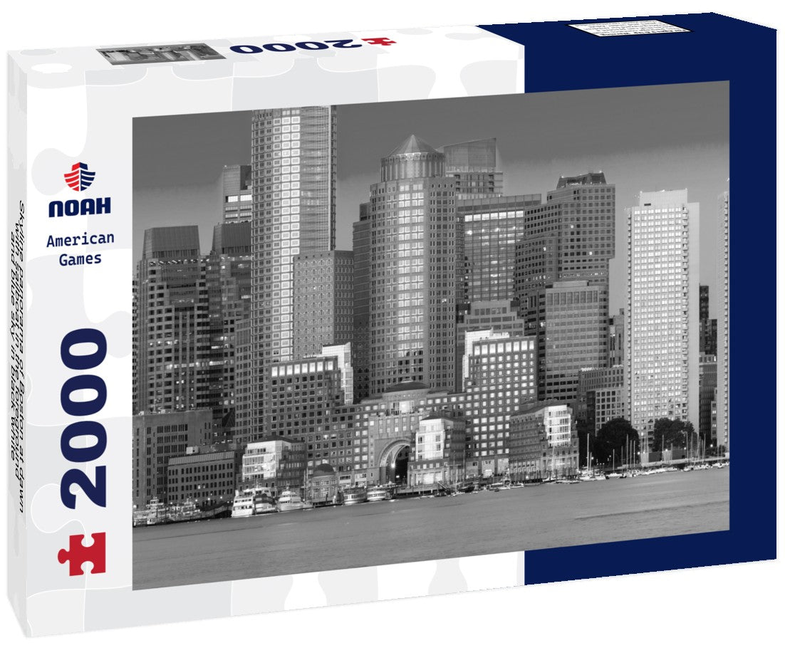 Skyline Boston at dawn with sailboat in the foreground and blue sky 2000pc PuzzleBlack and White