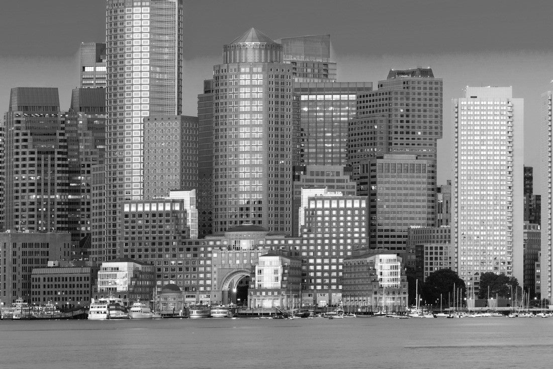 Skyline Boston at dawn with sailboat in the foreground and blue sky 2000pc PuzzleBlack and White