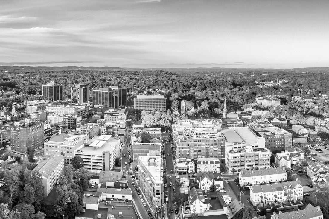 Aerial cityscape of Morristown, New Jersey. Morristown has been called the military capital of the American Revolution, because of its strategic role in the war for independence from Great Britain 2000pc PuzzleBlack and White