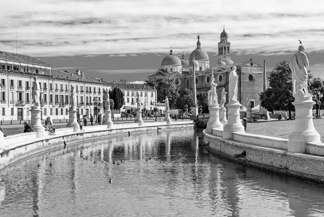 the canal with statues on the square Prato della Valle and the Basilica of Santa Giustina in Padova (Padua), Veneto, Italy 2000pc PuzzleBlack and White