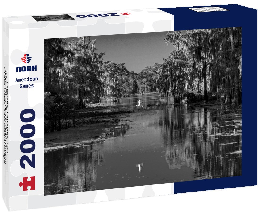 Lafayette, Louisiana, USA - White Egret flies in Cajun Swamp & Lake Martin, near Breaux Bridge and Lafayette Louisiana 2000pc PuzzleBlack and White