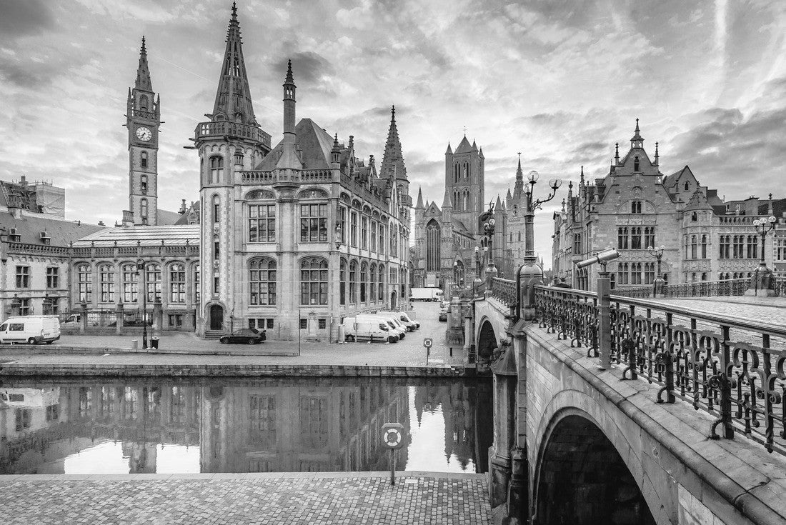 the historical city center of Ghent with the river Leie, beautifully lit at dusk, Ghent, East Flanders, Belgium 2000pc PuzzleBlack and White