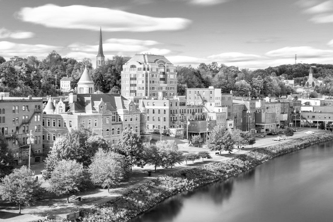 Augusta skyline on a sunny afternoon (long exposure for smooth sky and water). Augusta is the state capital of the U.S. state of Maine and the county seat of Kennebec County 2000pc PuzzleBlack and White