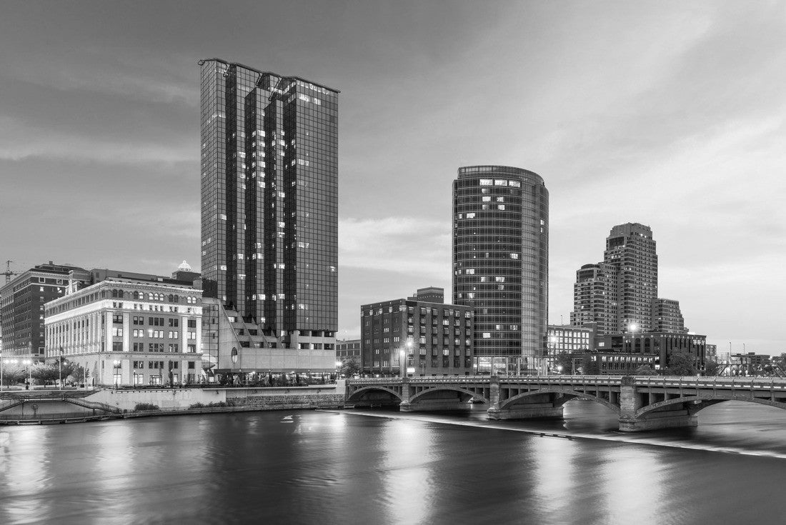 Noah Jigsaw Puzzle Grand Rapids, Michigan, USA downtown city skyline at the Grand River at dusk in black white 2000 pieces