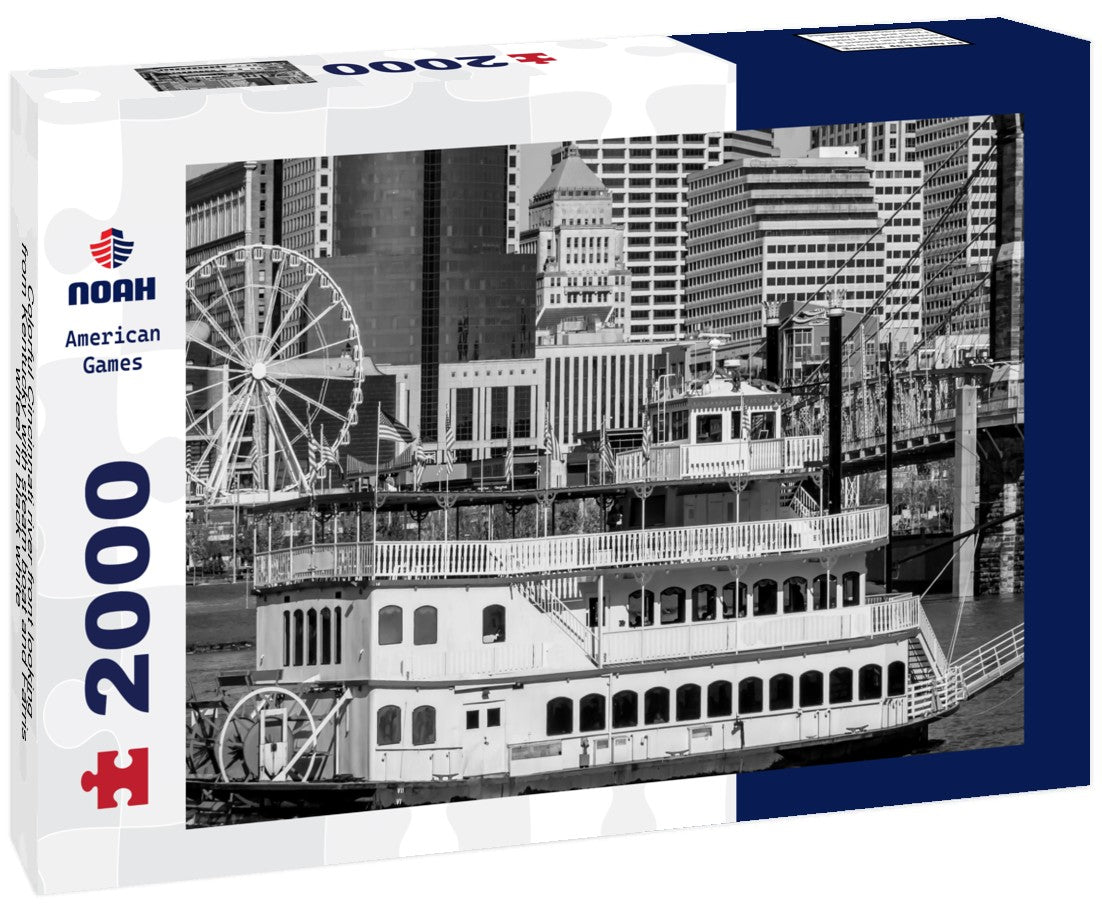 Colorful Cincinnati river front looking from Kentucky with steam boat and Farris wheel 2000pc PuzzleBlack and White