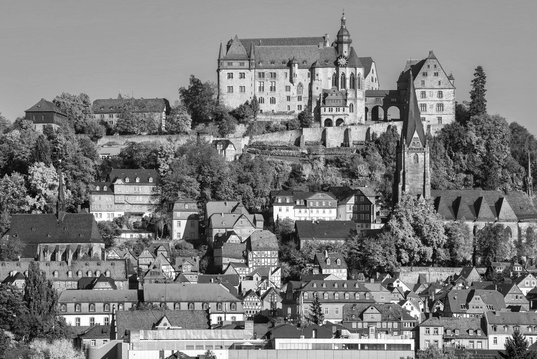 Marburg an der Lahn historical Old Town with castle Landgrafenschloss, St. Elizabeth church and medieval colorful half-timbered houses, Germany 2000pc PuzzleBlack and White