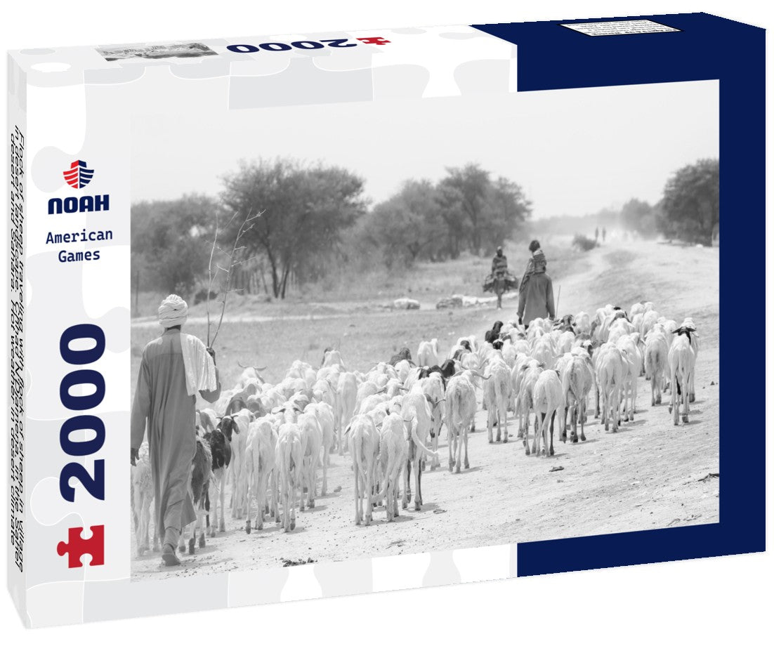 Flock of sheep traveling with flock of sheep in village in desert landscape. Chhad N'Djamena, in the Sahel desert and Sahara. Hot weather in desert climate at Chari River, Chad 2000pc PuzzleBlack and White