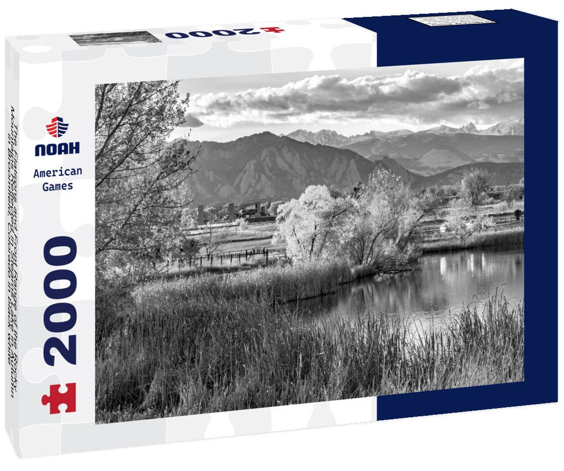 The Flatirons and Front Range of the Rocky Mountains Reflected in Stearns Lake in Autumn in Broomfield, Colorado 2000pc PuzzleBlack and White