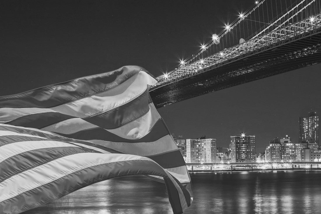 Noah Jigsaw Puzzle Brooklyn Bridge closeup over East River at night in New York City Manhattan and American flag flying in black white 2000 pieces