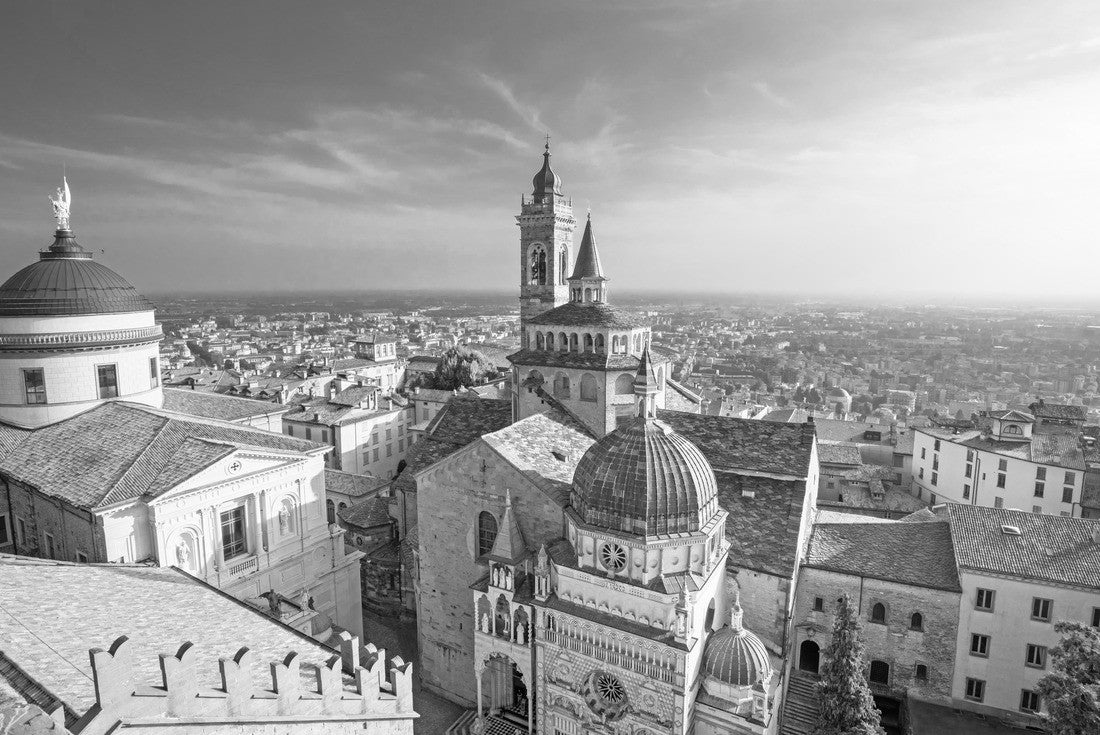 Bergamo, Italy. the old town and the Basilica of Santa Maria Maggiore and Cappella Colleoni in Citta Alta. Landscape of historic buildings during sunset 2000pc PuzzleBlack and White