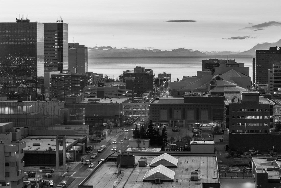 Noah Jigsaw Puzzle Downtown Anchorage, Alaska City skyline at dusk in winter. Looking west towards Cook Inlet in black white 2000 pieces