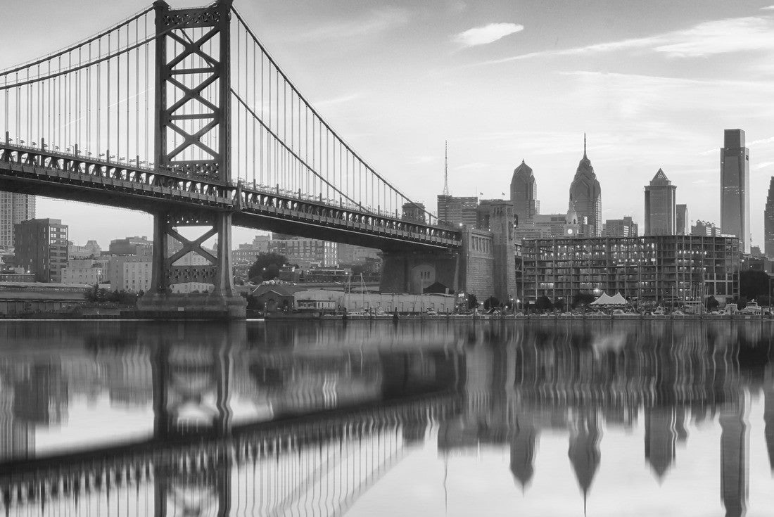 Philadelphia Sunset Skyline and Ben Franklin Bridge reflection over the Delaware River 2000pc PuzzleBlack and White