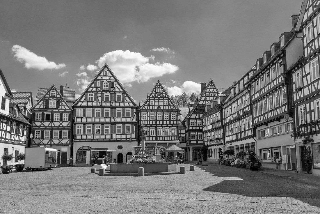 Noah Jigsaw Puzzle Schorndorf, main square of historical centre and a tower of Stadtkirche church, a town in Baden-Württemberg, Germany in black white 2000 pieces