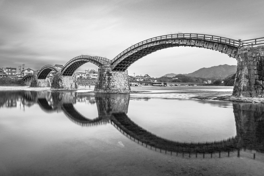 Iwakuni, Yamaguchi, Japan at Kintaikyo Bridge over the Nishiki River at dusk 2000pc PuzzleBlack and White