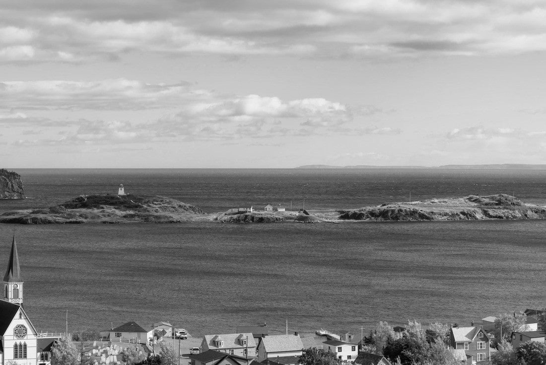 Noah Jigsaw Puzzle Aerial panoramic view of a small town on the Atlantic Ocean Coast during a sunny day. Taken in Trinity, Newfoundland and Labrador, Canada in black white 2000 pieces