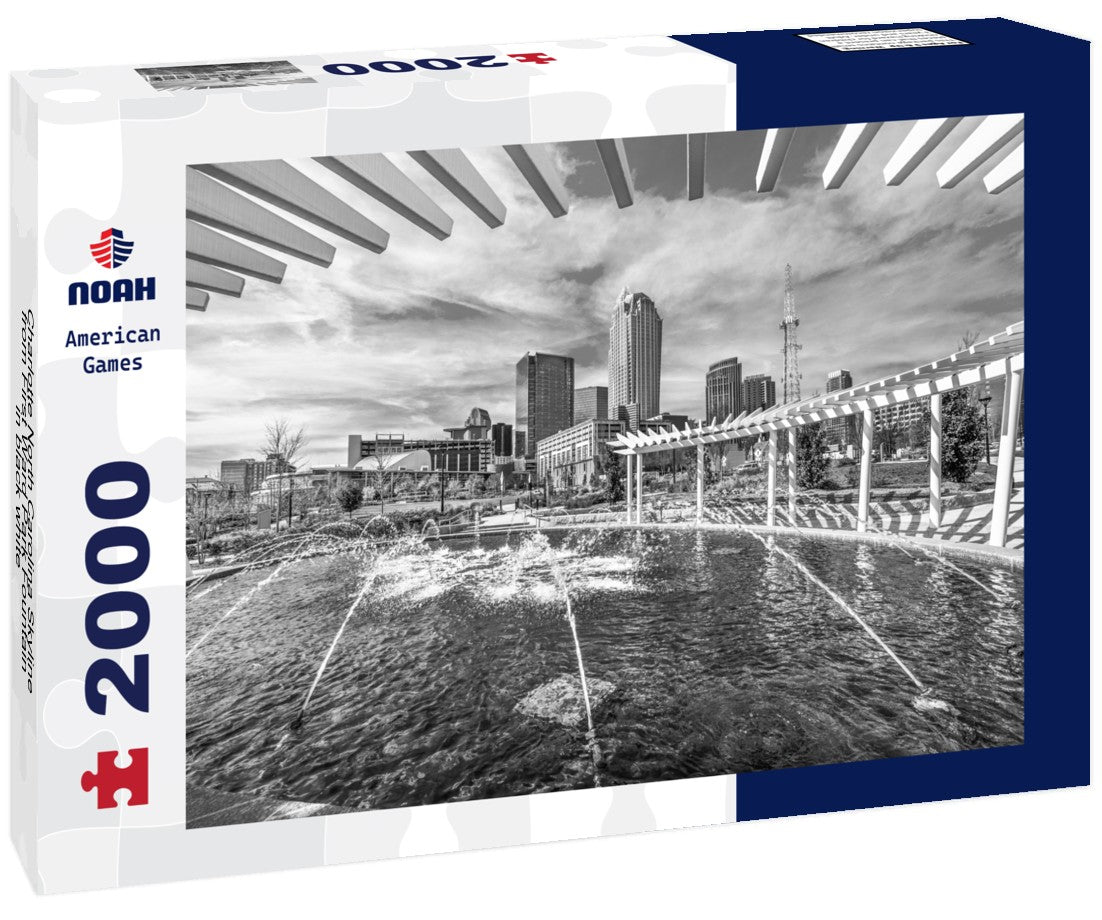 Charlotte North Carolina Skyline from First Ward Park Fountain 2000pc PuzzleBlack and White