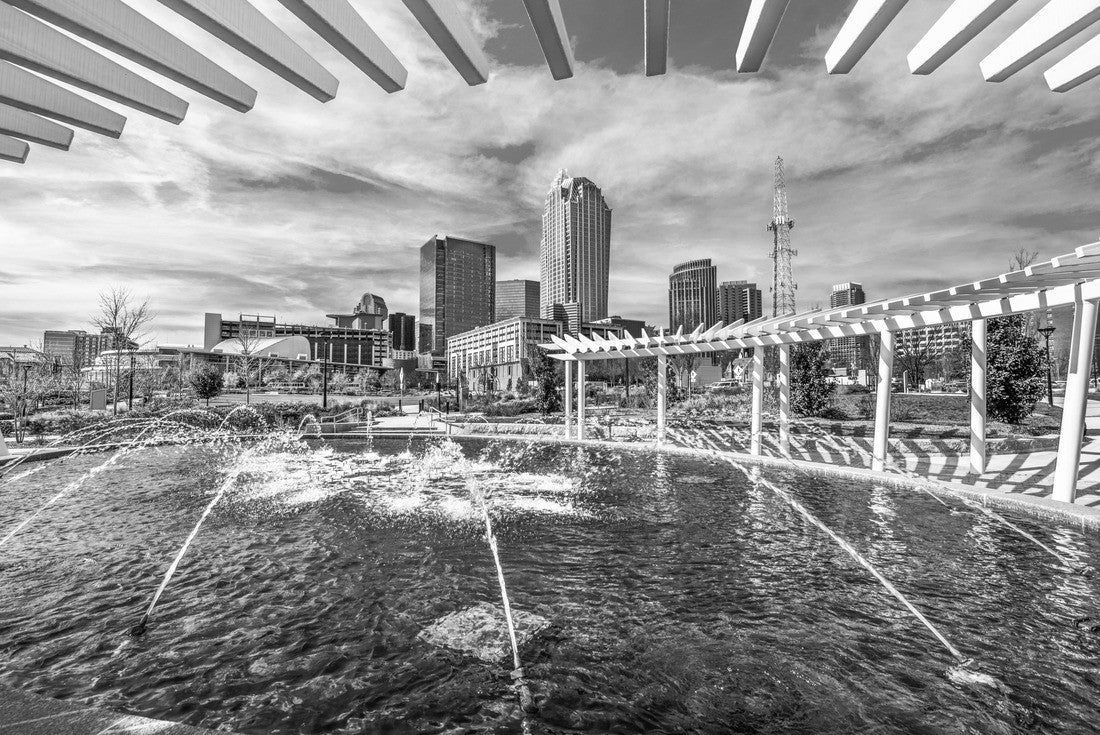 Charlotte North Carolina Skyline from First Ward Park Fountain 2000pc PuzzleBlack and White