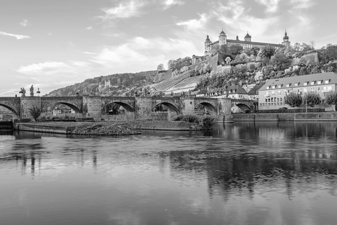 Noah Jigsaw Puzzle Wurzburg, Bavaria, Germany, view of the Marienberg Fortress and the Old Main Bridge reflecting on the river at sunrise in black white 2000 pieces