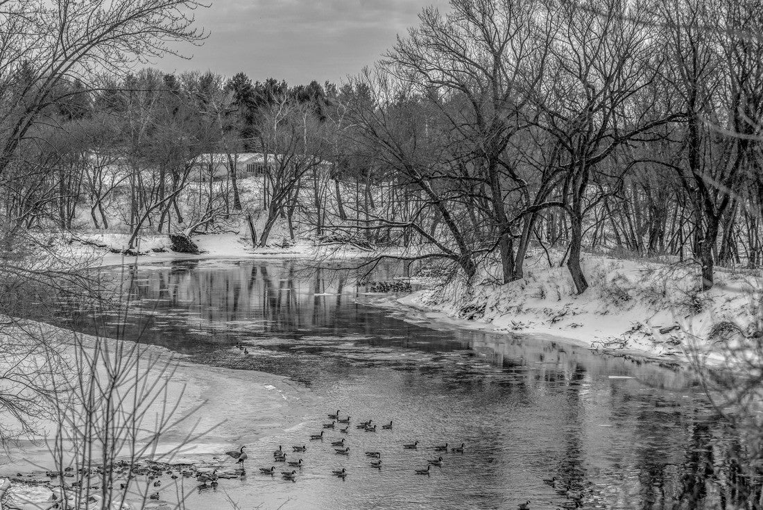 Noah Jigsaw Puzzle Cedar River in Waverly, Iowa during the polar vortex in black white 2000 pieces
