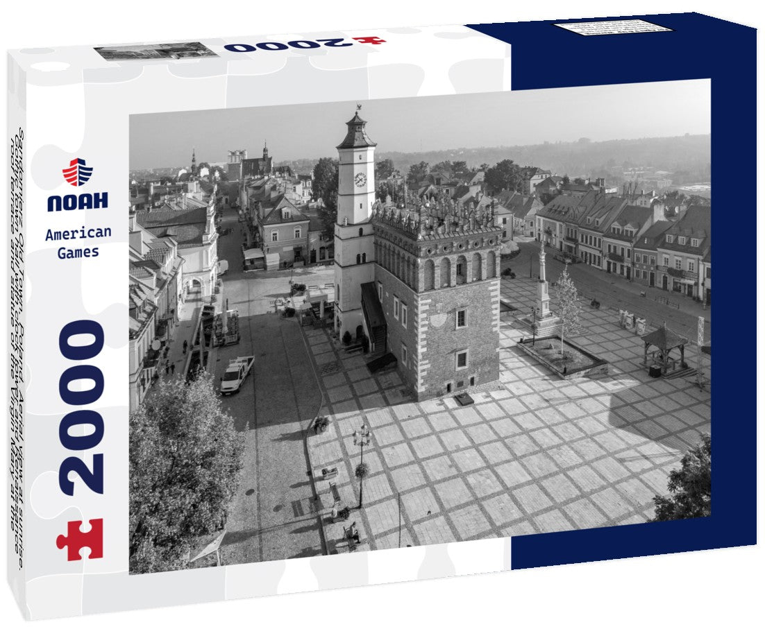 Sandomierz Old Town, Poland. Aerial view at sunrise. Gothic town hall with clock tower and Renaissance roof terrace and statue of the Virgin Mary at the market square (Rynek) 2000pc PuzzleBlack and White