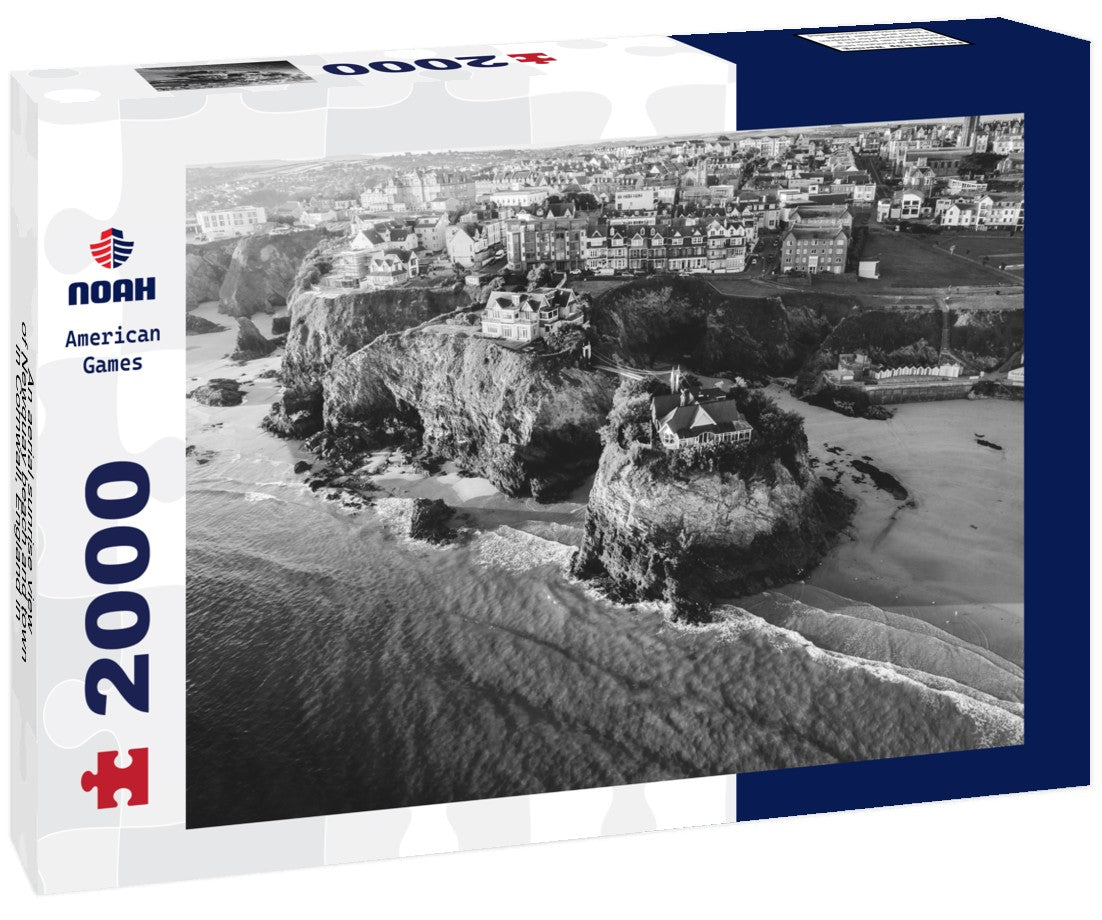An aerial sunrise view of Newquay beach and town in Cornwall, England 2000pc PuzzleBlack and White