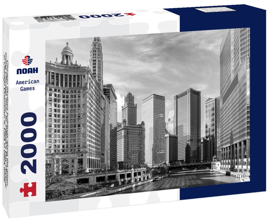 Chicago Skylines buildings along the green-tinting Chicago River St. Patrick's Day Festival in Chicago Downtown IL USA 2000pc PuzzleBlack and White