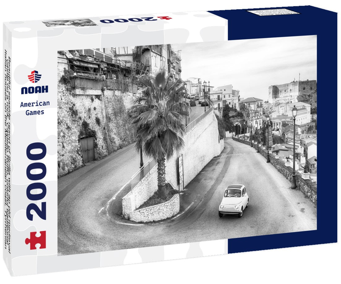 Beautiful seaside resort of Scilla with an old medieval castle on a rock, Castello Ruffo, colorful traditional Italian houses on the Mediterranean coast, Tyrrhenian coast, Calabria, southern Italy 2000pc PuzzleBlack and White