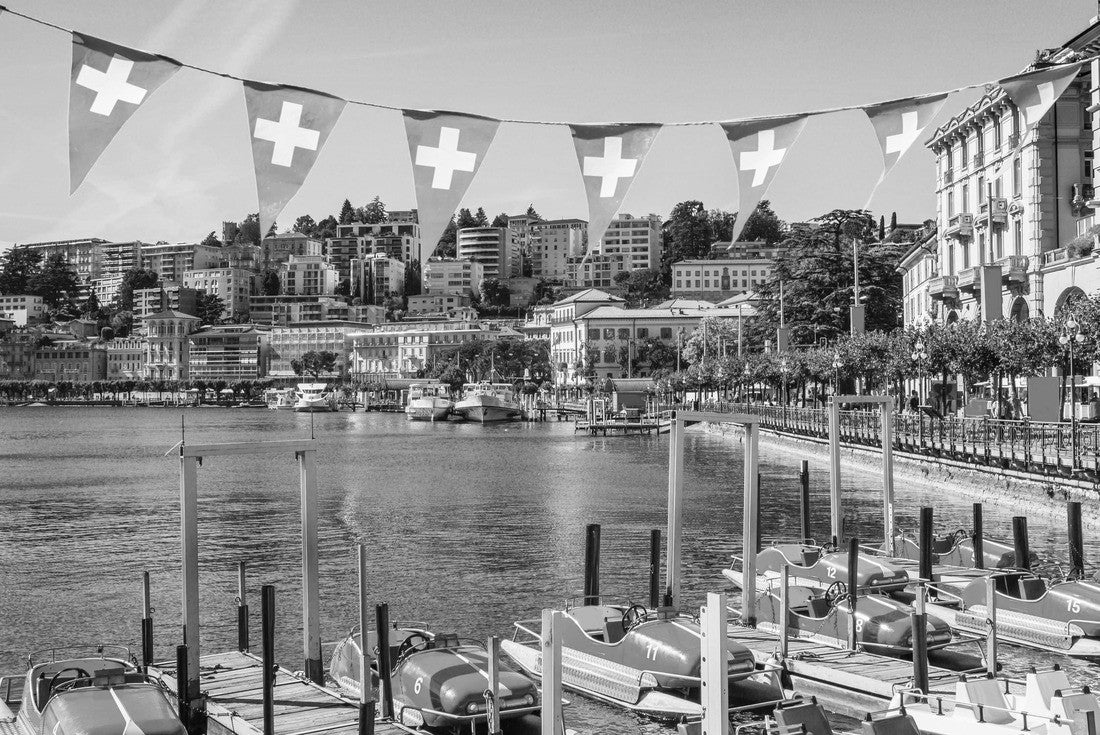 Noah Jigsaw Puzzle Panoramic view of Lake Lugano, mountains and the city of Lugano, Ticino Canton, Switzerland in black white 2000 pieces