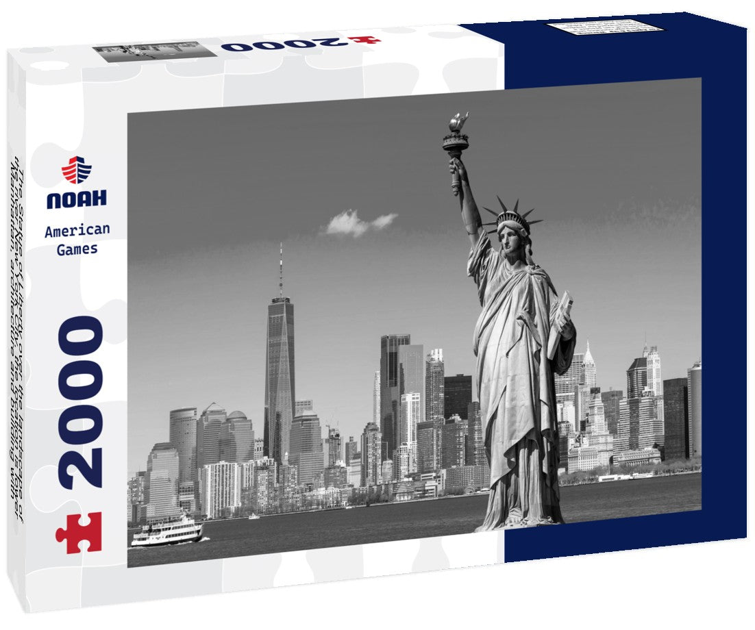 The Statue of Liberty over the landscape of the river New York City, the location is lower Manhattan, architecture and building with a tourist concept 2000pc PuzzleBlack and White
