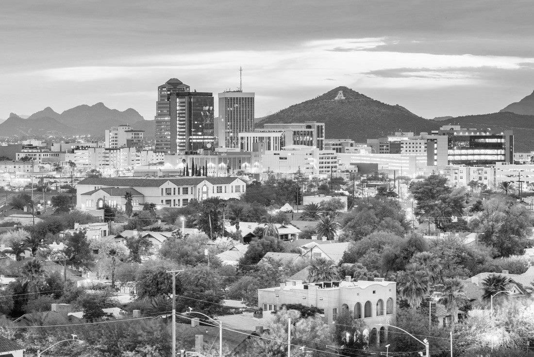 Noah Jigsaw Puzzle Tucson, Arizona, USA downtown city skyline with mountains at twilight in black white 2000 pieces