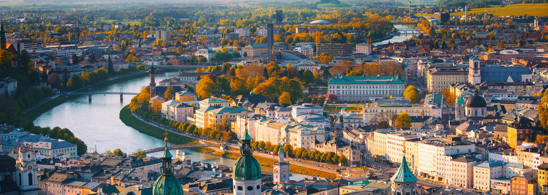 the historic city of Salzburg with Salzach river in beautiful sunset, Salzburger Land, Austria 1000pc Panoramic Puzzle
