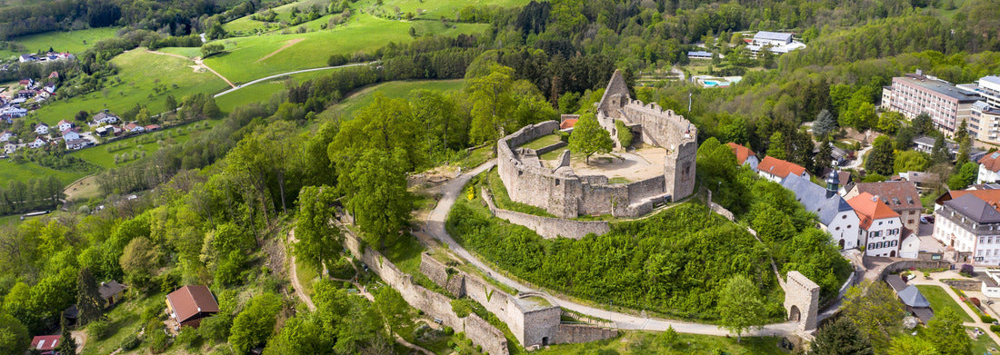 Aerial view of Lindenfels Castle, medieval town of Lindenfels, Bergstrasse, Hesse, Germany 1000pc Panoramic Puzzle