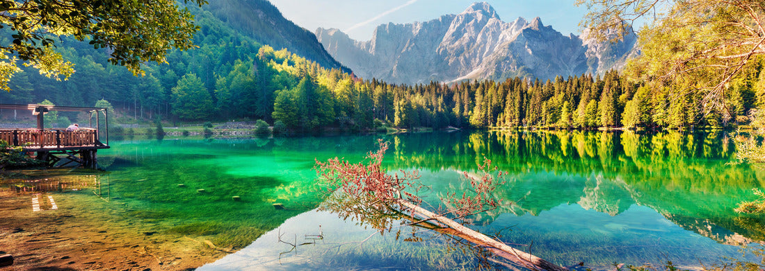 Colorful summer view of the Fusine Lake. Bright morning scene of the Julian Alps with Mangart peak in the background, Province of Udine, Italy, Europe 1000pc Panoramic Puzzle