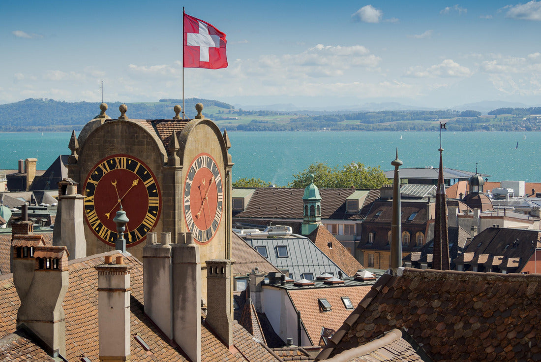 The Swiss flag waves at the top of the clock tower (Tour Diesse) in Neuchâtel 2000pc Puzzle