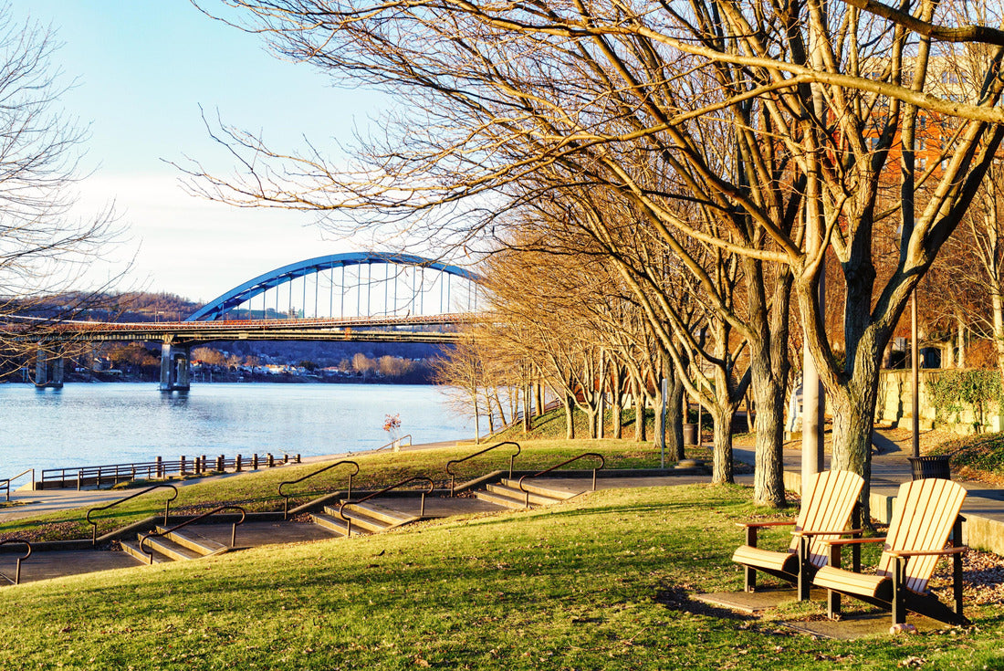 the Ohio River with Wheeling Suspension and Fort Henry bridges between Ohio and W. Virginia, from Heritage Port waterfront park, Wheeling, West Virginia 2000pc Puzzle