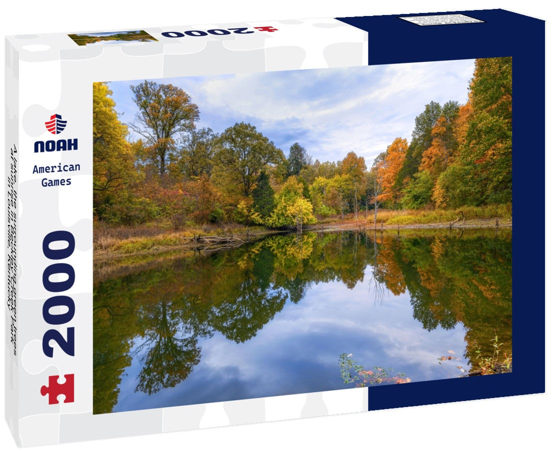 A lake, the surrounding green trees at sunrise in Beckley Creek Park in Louisville, Kentucky 2000pc Puzzle