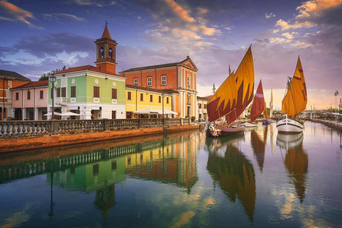 Cesenatico Canal, historic wooden sailing boats and church at sunset. Region Emilia Romagna, Province Forlì Cesena, Italy 2000pc Puzzle