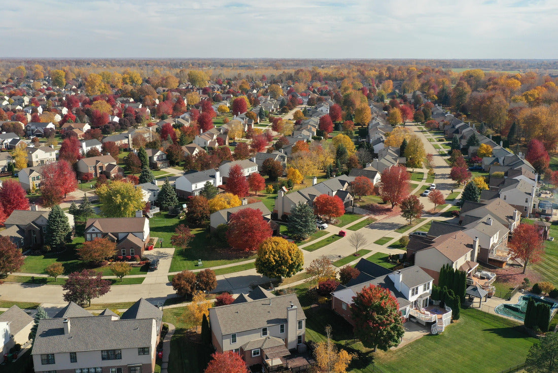 Fall foliage at its finest in Macomb, Michigan - a mesmerizing aerial view of a vibrant suburban neighborhood with colorful trees and small backyard ponds 2000pc Puzzle