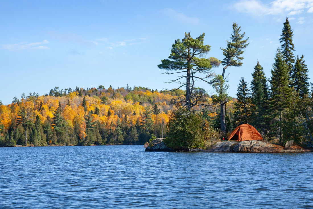 Orange tent on the rocky beach of an island on a trout lake in northern Minnesota in the fall 2000pc Puzzle