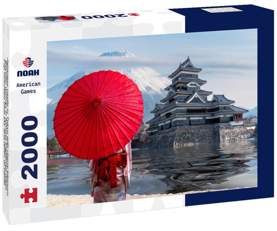 Japanese castle in Tokyo with cherry blossom, traveller woman in Kimono traditional dress, Fuji mountain blue sky and reflec of castle in river, Tokyo city, Japan 2000pc Puzzle