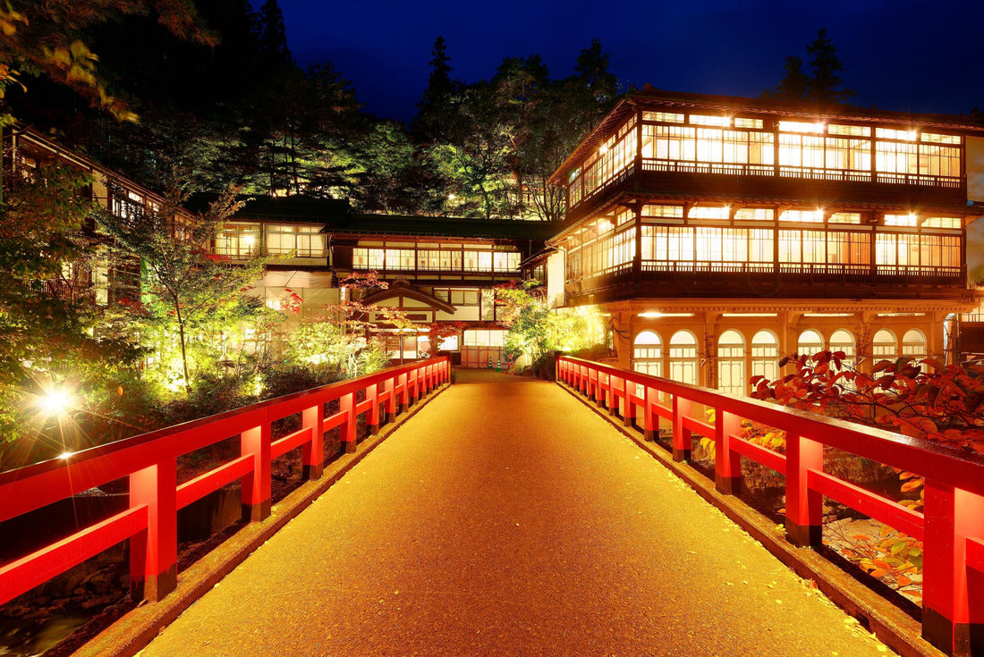 Located by a red bridge and lit up in the blue evening twilight, the historic main building in Shima-Onsen, Gunma, known as the oldest hot spring hotel in Japan 2000pc Puzzle