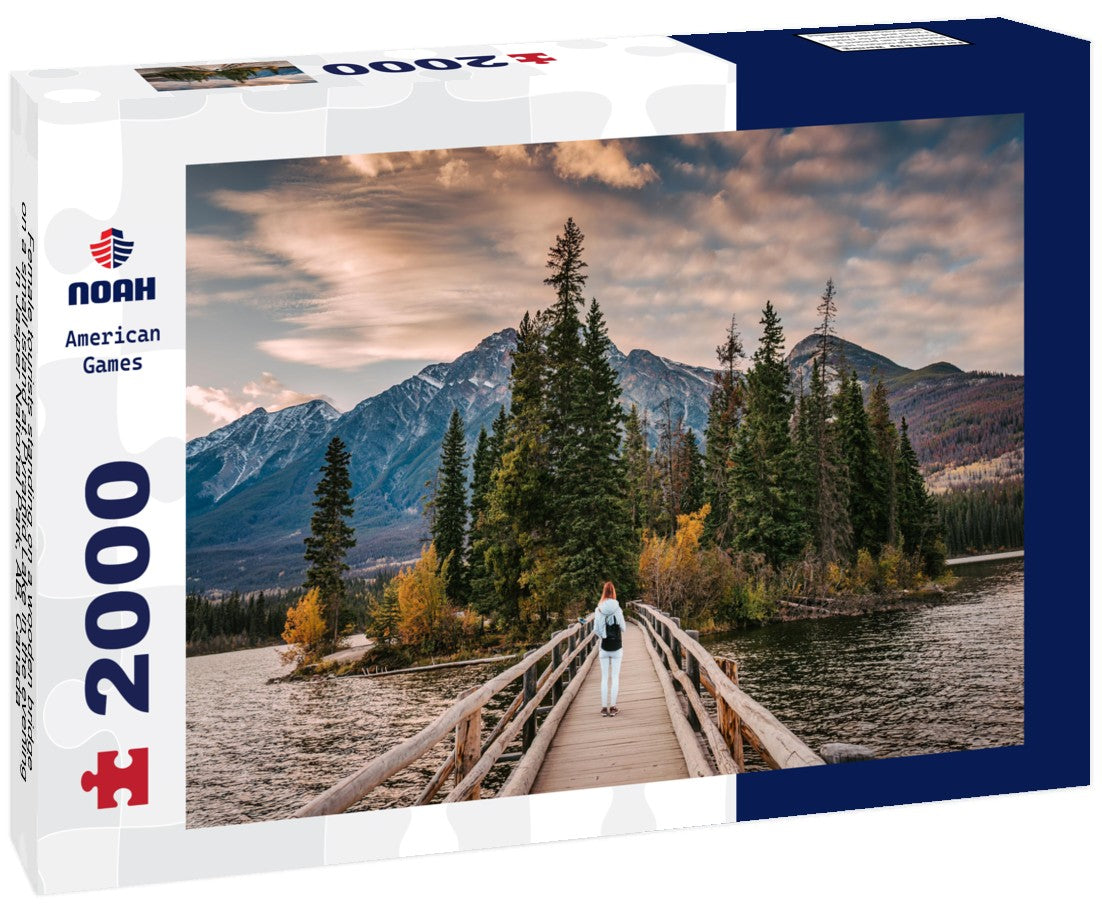 Female tourists standing on a wooden bridge on a small island at Pyramid Lake in the evening in Jasper National Park, AB, Canada 2000pc Puzzle
